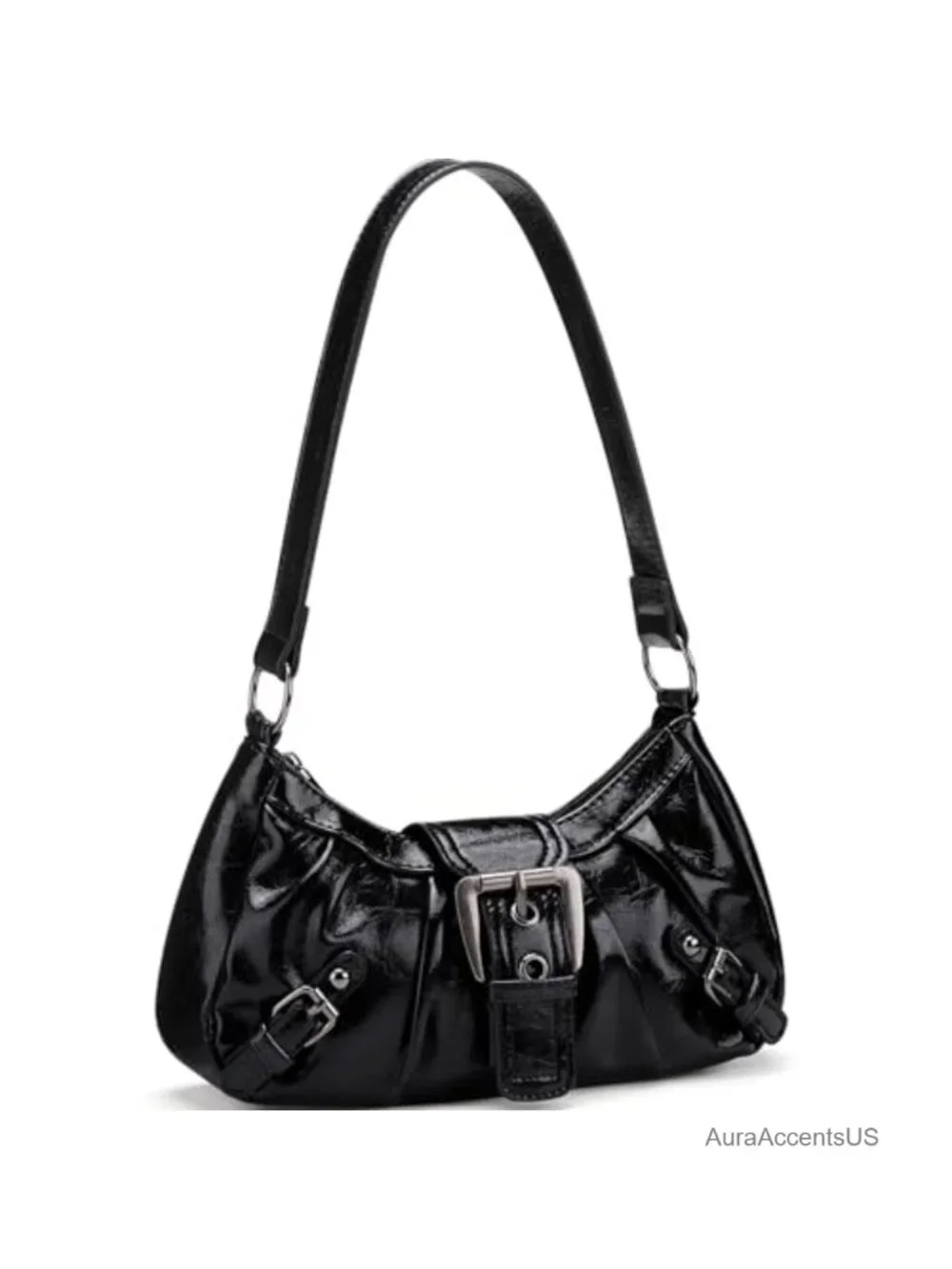 Vegan Leather Hobo Shoulder Bag with Buckle Zipper Clutch Tote Handbag